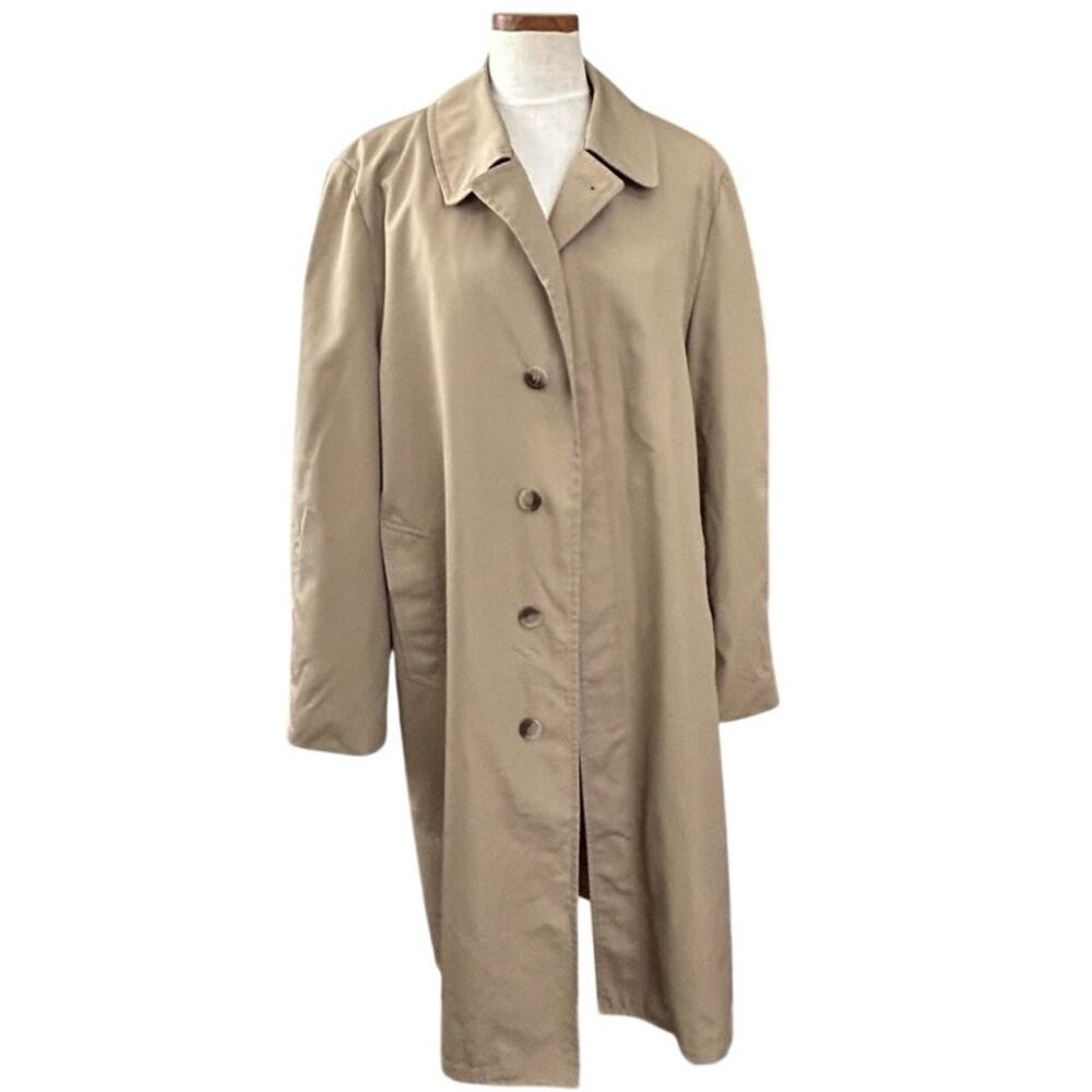 London Towne Mens Trench Coat 42L Zip Out Faux Fur Liner Khaki Vintage 70s Prep